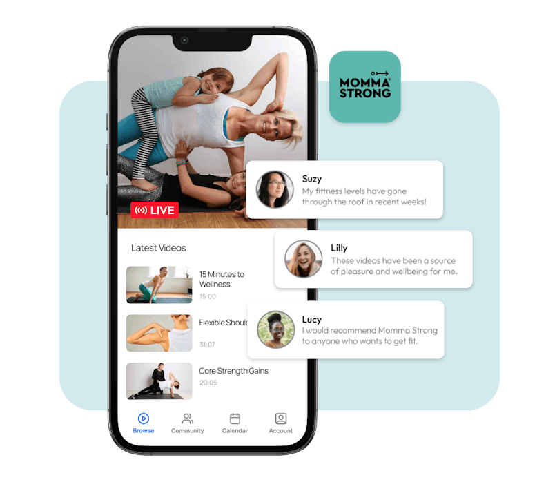 Smartphone screen displaying 'Momma Strong' education and entertainment app, along with user testimonials and reminders for upcoming live classes.